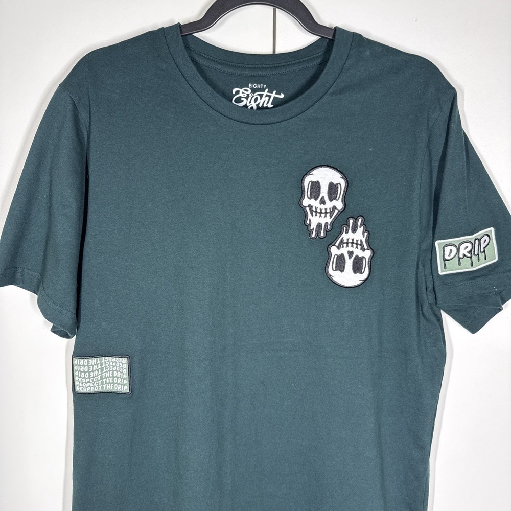 Eighty Eight Brand Mens L Forest Green Graphic Patch Melting Skull Drip T-Shirt - Picture 5 of 12